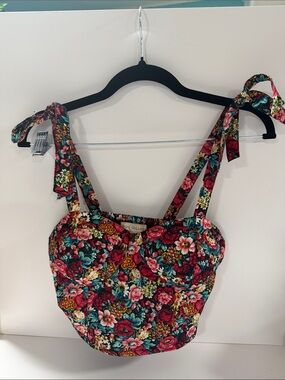 BOG Collection Black Floral Tie-Shoulder Bustier Crop Top